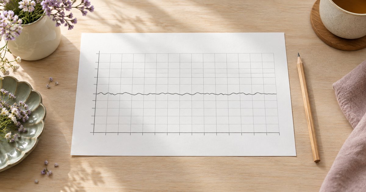 Handschriftlich geführtes Zyklusblatt mit einer über den ganzen Zyklus flach verlaufenden Temperaturkurve, daneben ein Bleistift