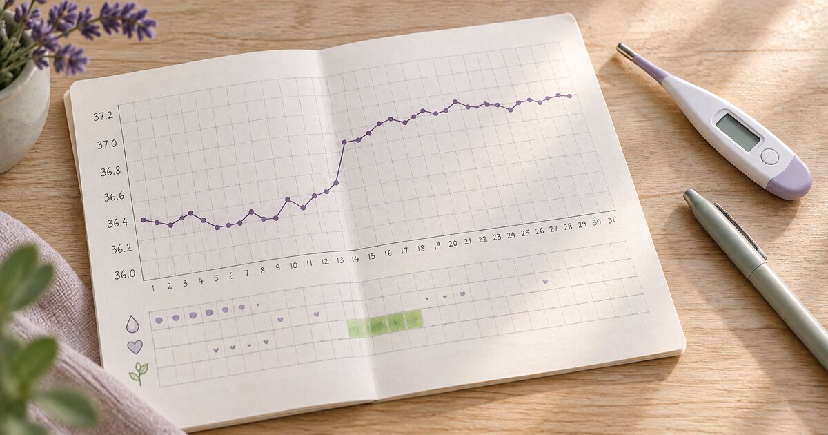 Handschriftlich geführte Temperaturkurve auf einem Zyklusblatt neben einem digitalen Basalthermometer