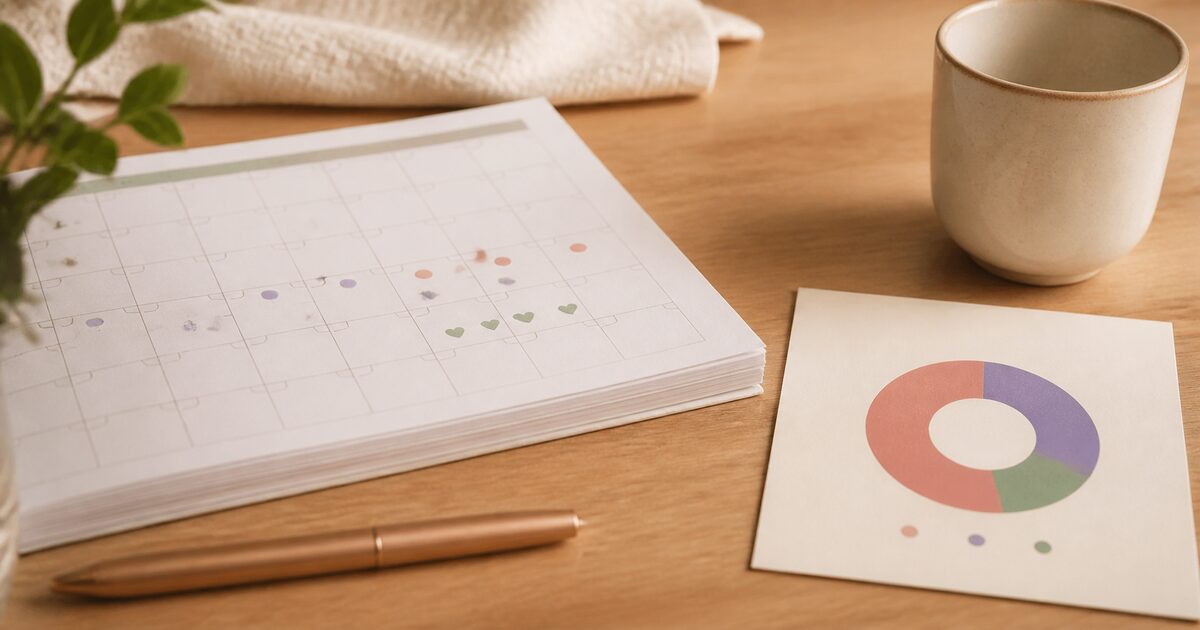 Papierkalender mit farbig markierten Tagen und eine Karte mit Ringdiagramm auf einem Holztisch