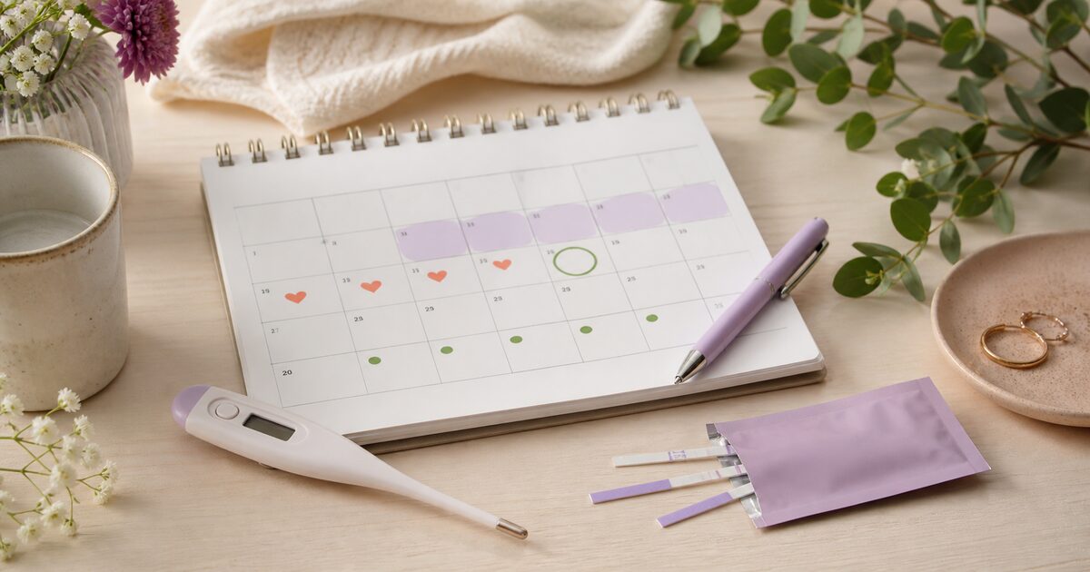 Zykluskalender mit markierten Tagen, daneben ein digitales Thermometer und Ovulationsteststreifen
