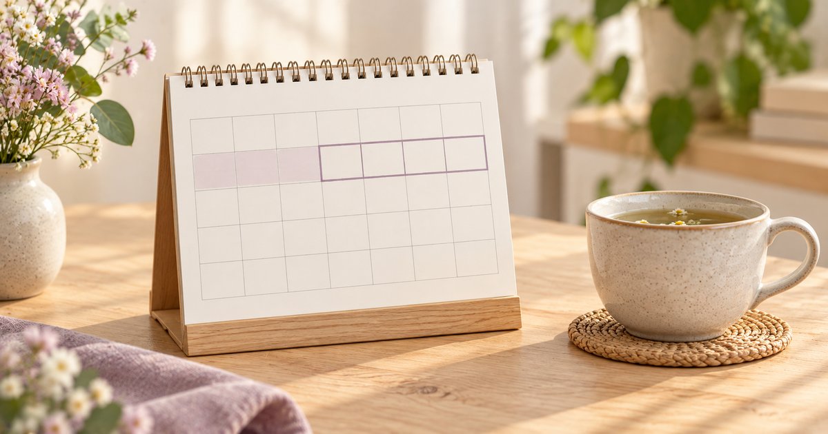 Aufgestellter Tischkalender neben einer Teetasse, auf dem die ersten Tage schwach und die unmittelbar darauf folgenden Tage kräftig umrandet sind