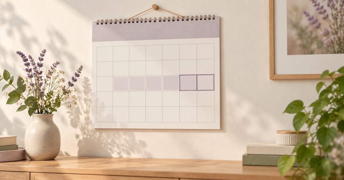 Monatskalender an einer hellen Wand über einer Holzkommode, auf dem mehrere aufeinanderfolgende Tage umrandet und die letzten beiden davon stärker markiert sind