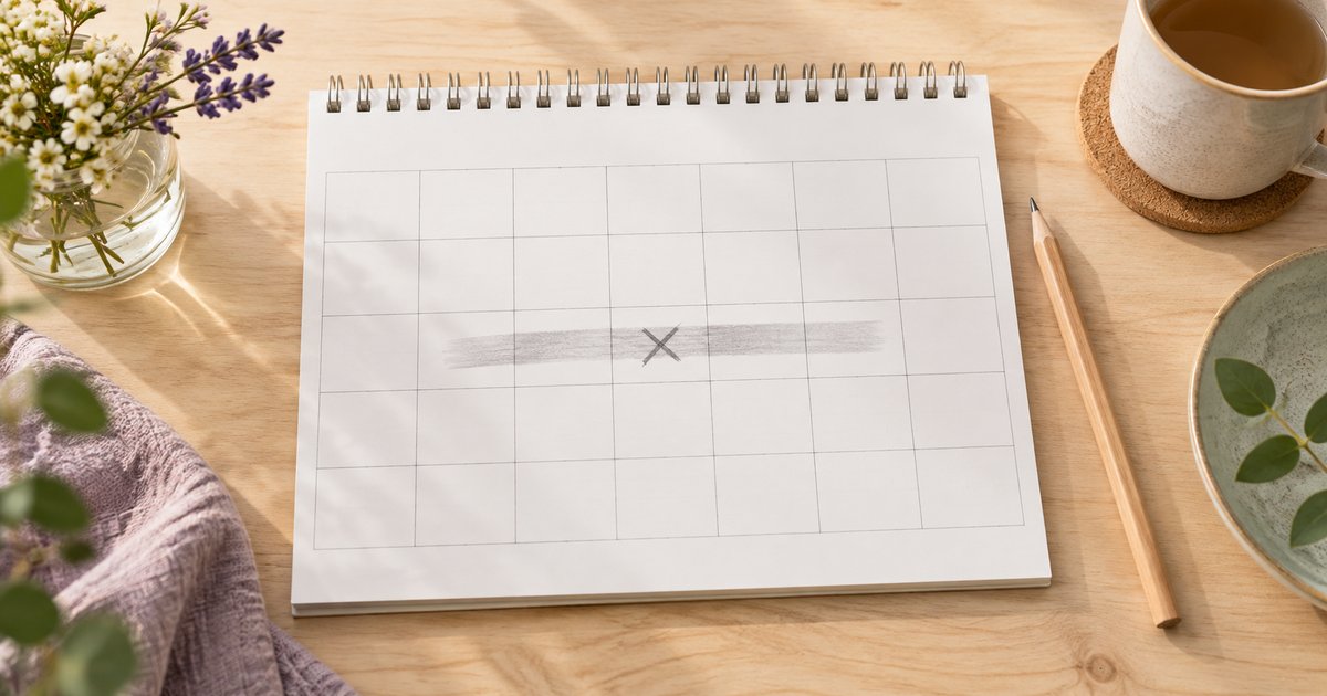 Monatskalender auf einem hellen Holztisch, auf dem ein einzelner Tag angekreuzt ist und ein breiter blasser Bleistiftstrich über mehrere Tage hinwegläuft