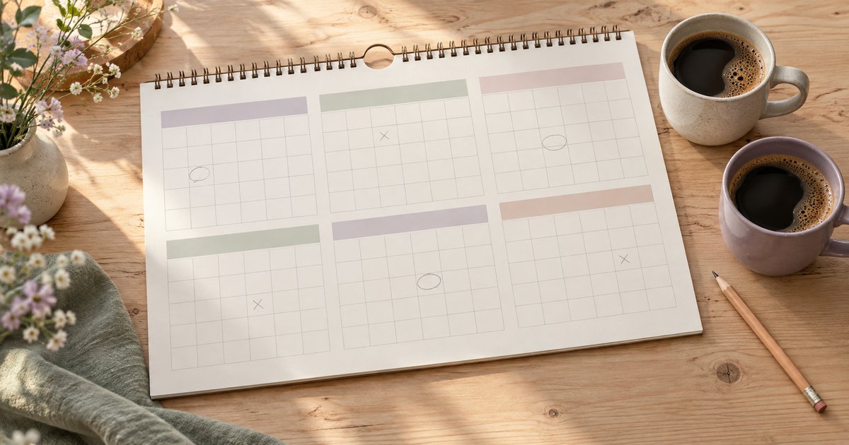 Aufgeschlagener Wandkalender mit einzelnen bleistiftmarkierten Tagen, daneben zwei Kaffeetassen auf einem hellen Holztisch