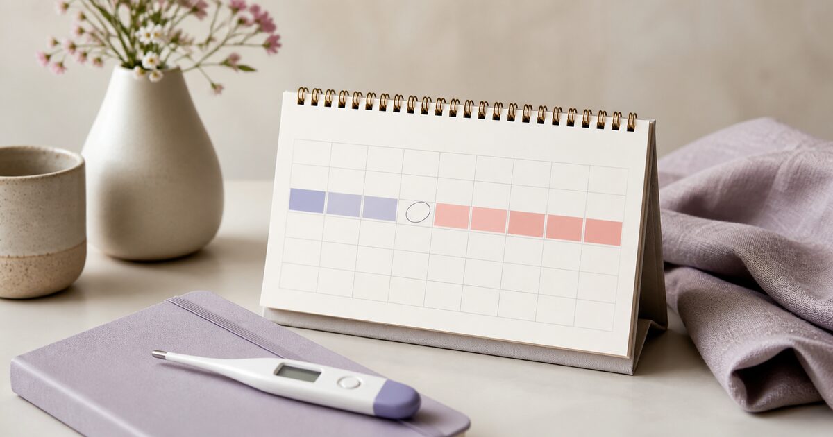 Zykluskalender mit markierter zweiter Zyklushälfte und ein digitales Thermometer auf einem Notizbuch