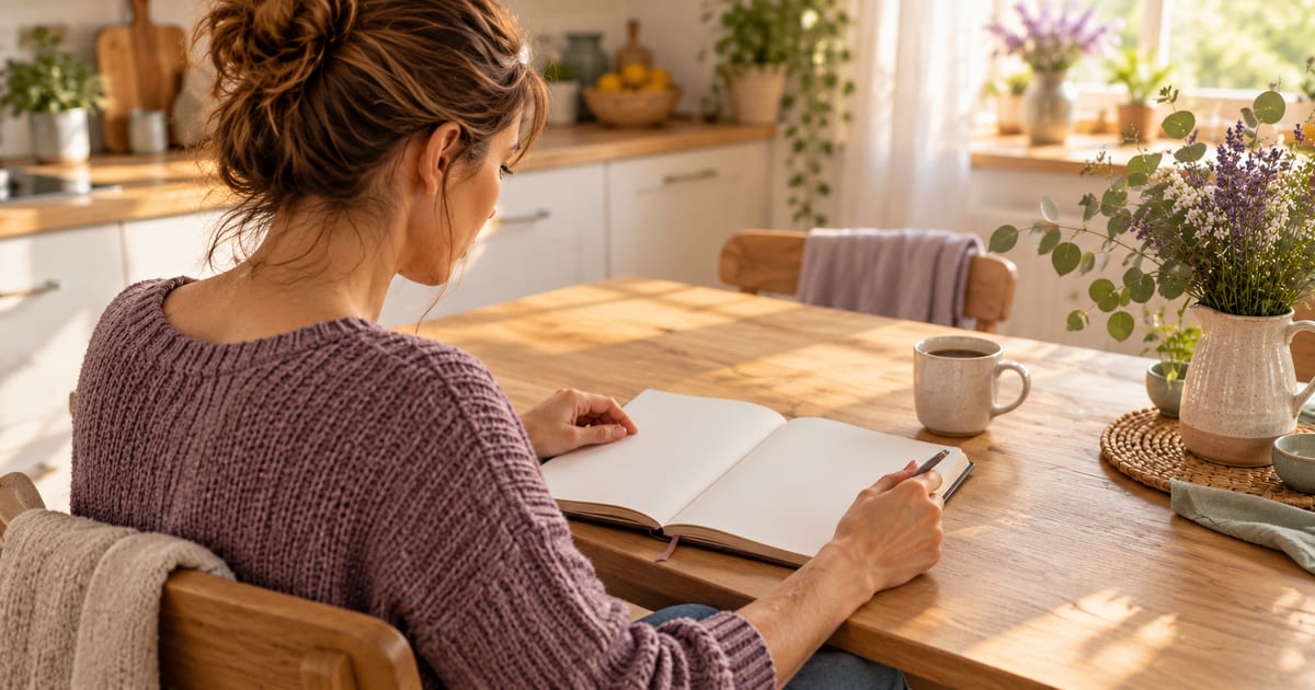 Frau Anfang vierzig sitzt mit Notizbuch und Kaffeetasse an einem Küchentisch