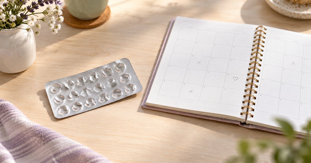 Leere, durchgedrückte Blisterpackung neben einem aufgeschlagenen Zykluskalender mit wenigen handschriftlichen Markierungen